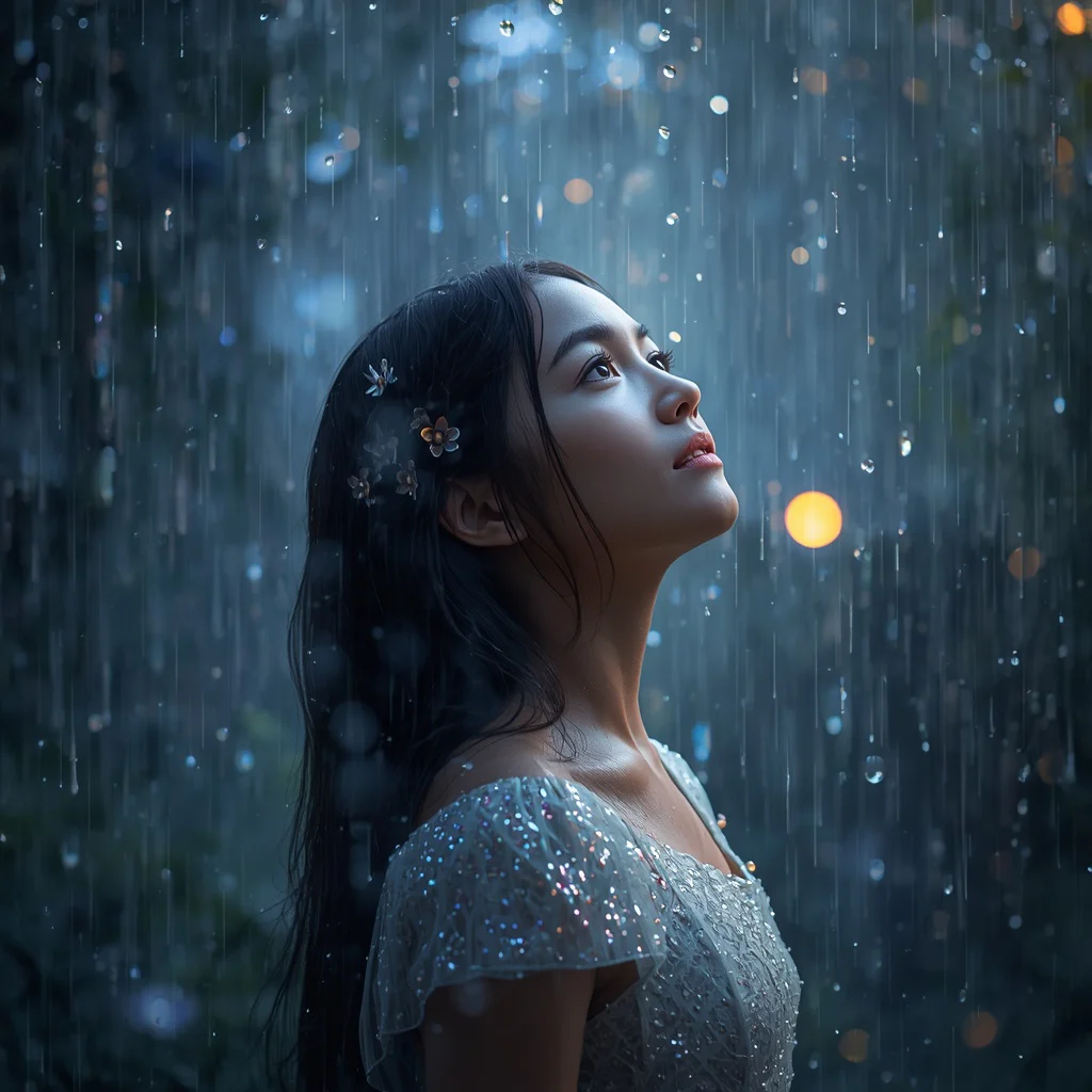 Beautiful Girl Crystalline Rain Enchanted Garden Dreamlike Portrait | instagram prompt for traditional look for girl in english — AI image prompt