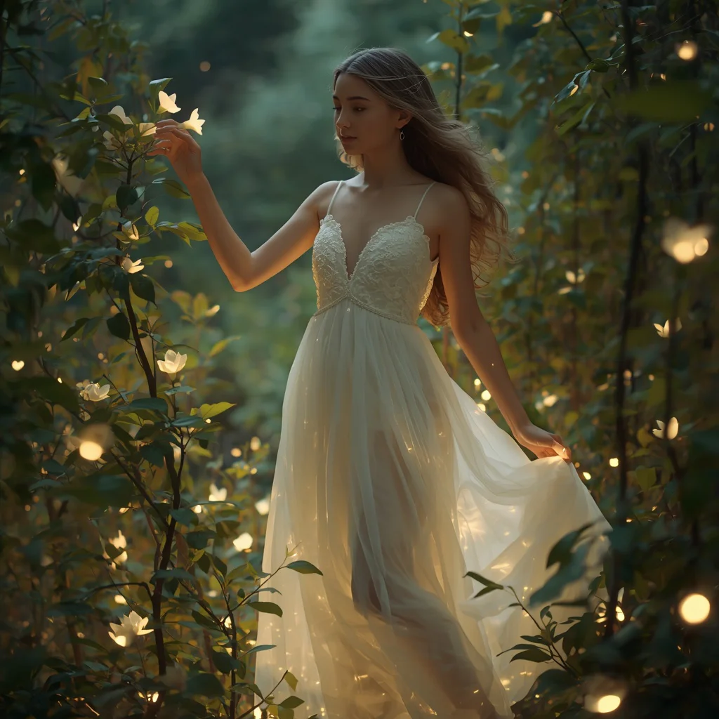 Beautiful Girl Enchanted Forest Bioluminescent Flora Dreamscape Cinematic | prompt for girls college instagram — AI image prompt