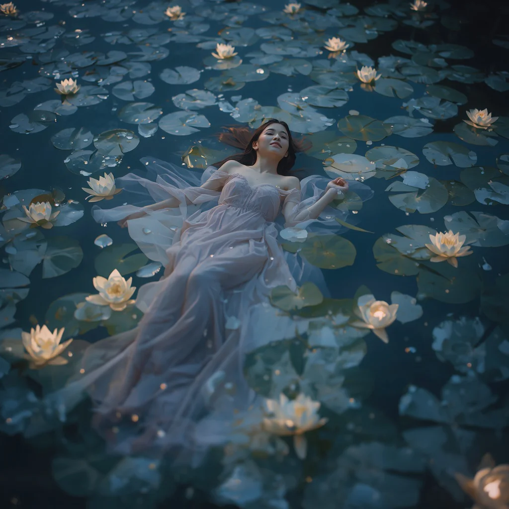 Beautiful Girl Floating in a Sea of Luminescent Petals and Water Lilies | Retro style prompt for Gemini girl Instagram — AI image prompt