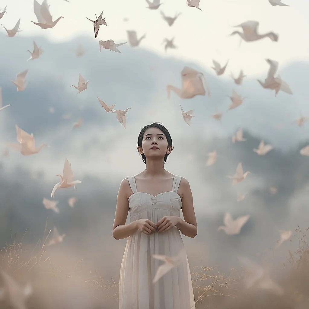 Beautiful Girl Floating Origami Cranes Silent Whimsical Journey | Retro style prompt for gemini girl instagram — AI image prompt
