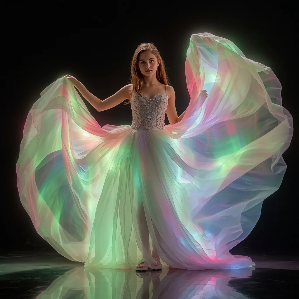 Beautiful Girl with a Gown of Flowing Aurora Borealis Fabric | trending photo prompt — AI image prompt