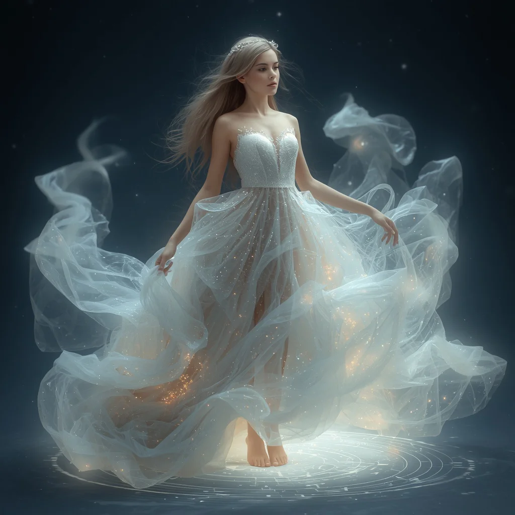 Beautiful Girl with a Gown Woven from Celestial Dust and Moonbeams | bridal ai prompt — AI image prompt