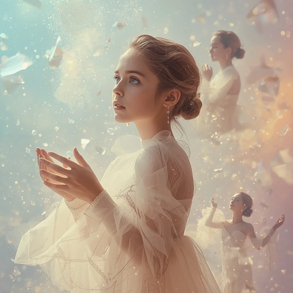 Beautiful Girl with Floating Crystal Dust Forms Dreamlike Cinematic | ai new prompt generator — AI image prompt