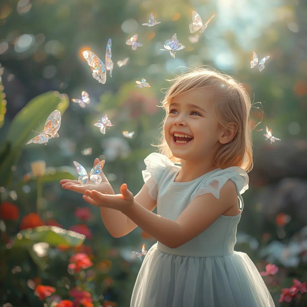 Cute Girl Crystal Butterfly Swarm Enchanted Garden Dream Capture | traditional prompt in english — AI image prompt