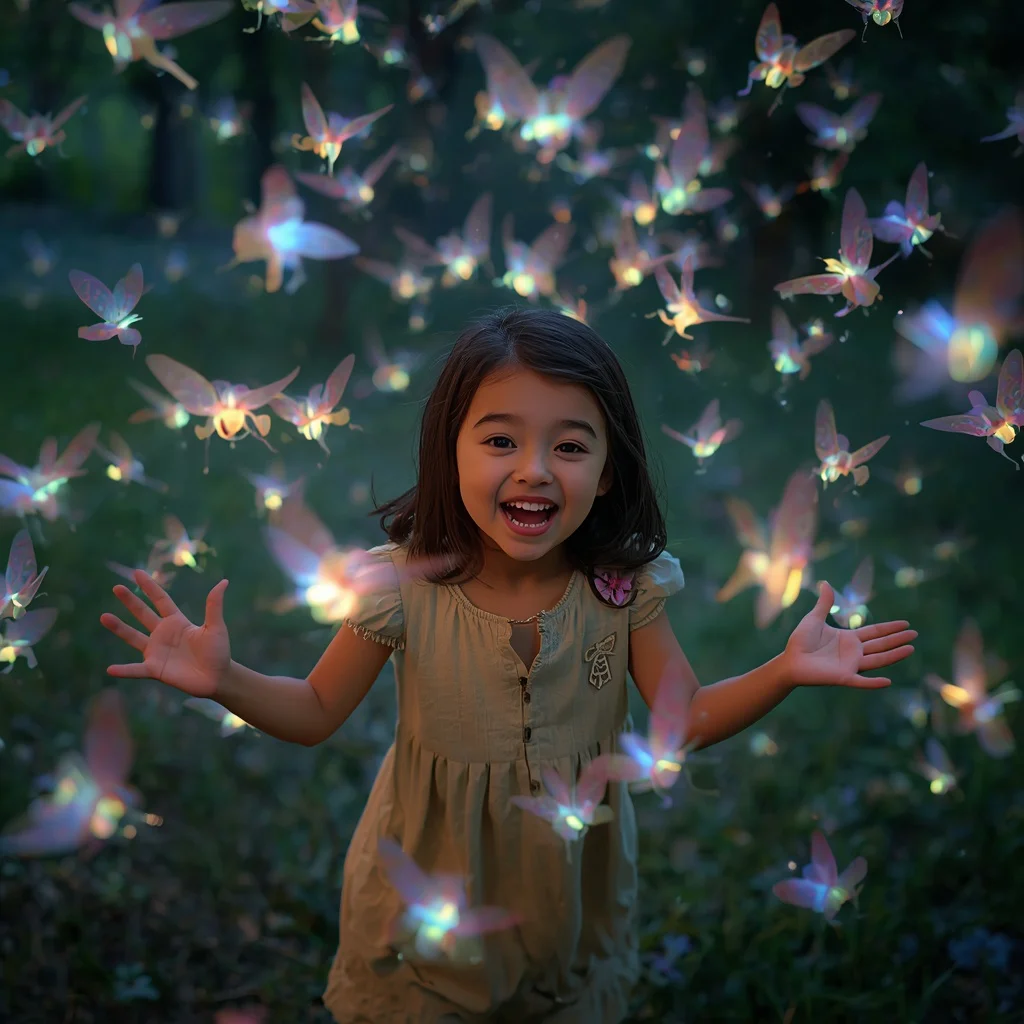 Cute Girl Playing with a Swarm of Adorable Bio-Luminescent Moths | best prompt for gemini girl — AI image prompt