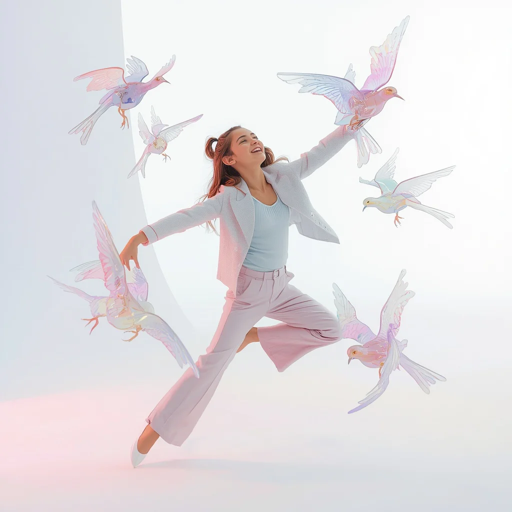 Cute Girl Playing with Architectural Glass Birds in Zero Gravity | new ai prompt girl — AI image prompt