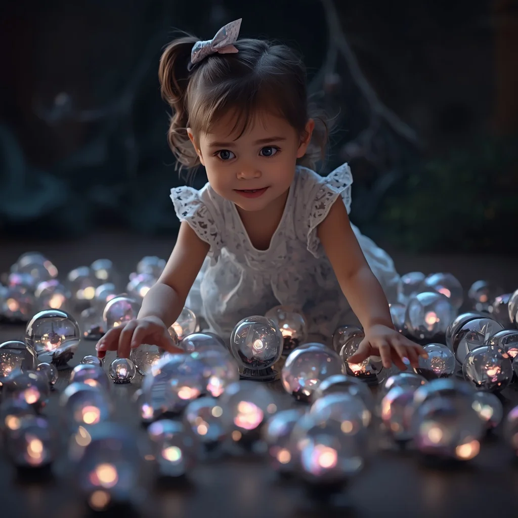 Cute Girl Playing with Miniature Galaxies in Glass Spheres | new ai prompt girl — AI image prompt