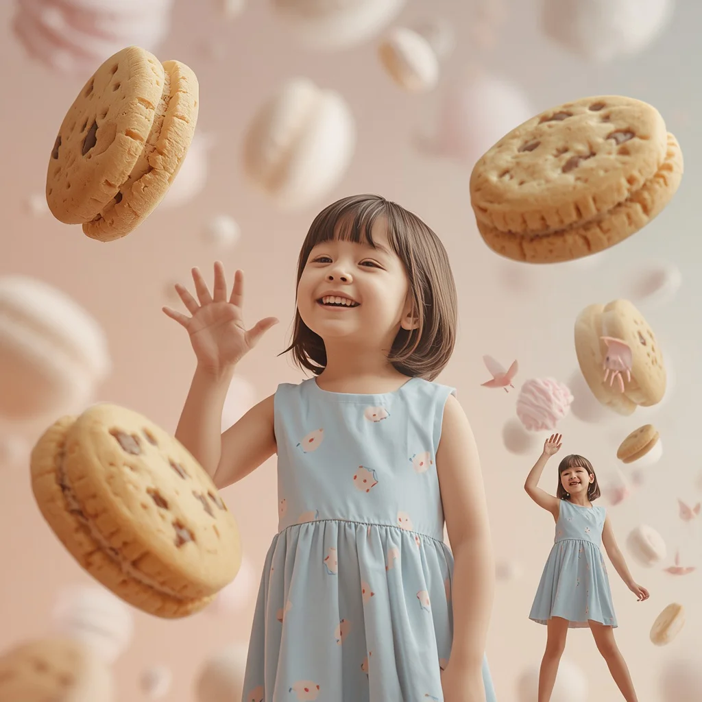 Cute Girl with Giant Floating Pastel Cookies Whimsical Cinematic | Trending purple prompt for gemini — AI image prompt