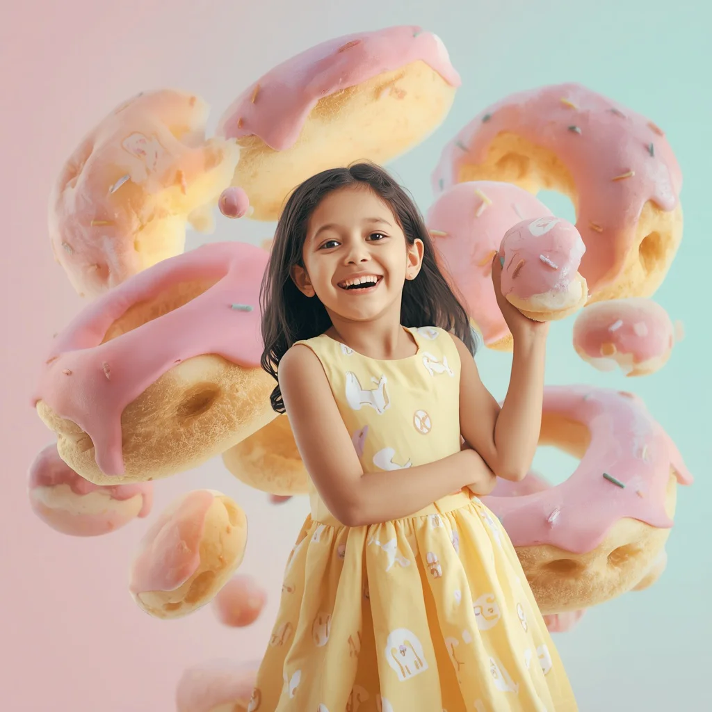 Cute Girl with Giant Floating Pastel Donuts Whimsical Cinematic | prompt for ai image editing — AI image prompt