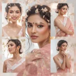 Festive Pastel Saree Delicate Floral Net Pattern Overlay Romantic Collage | cute prompt for girls in saree in english