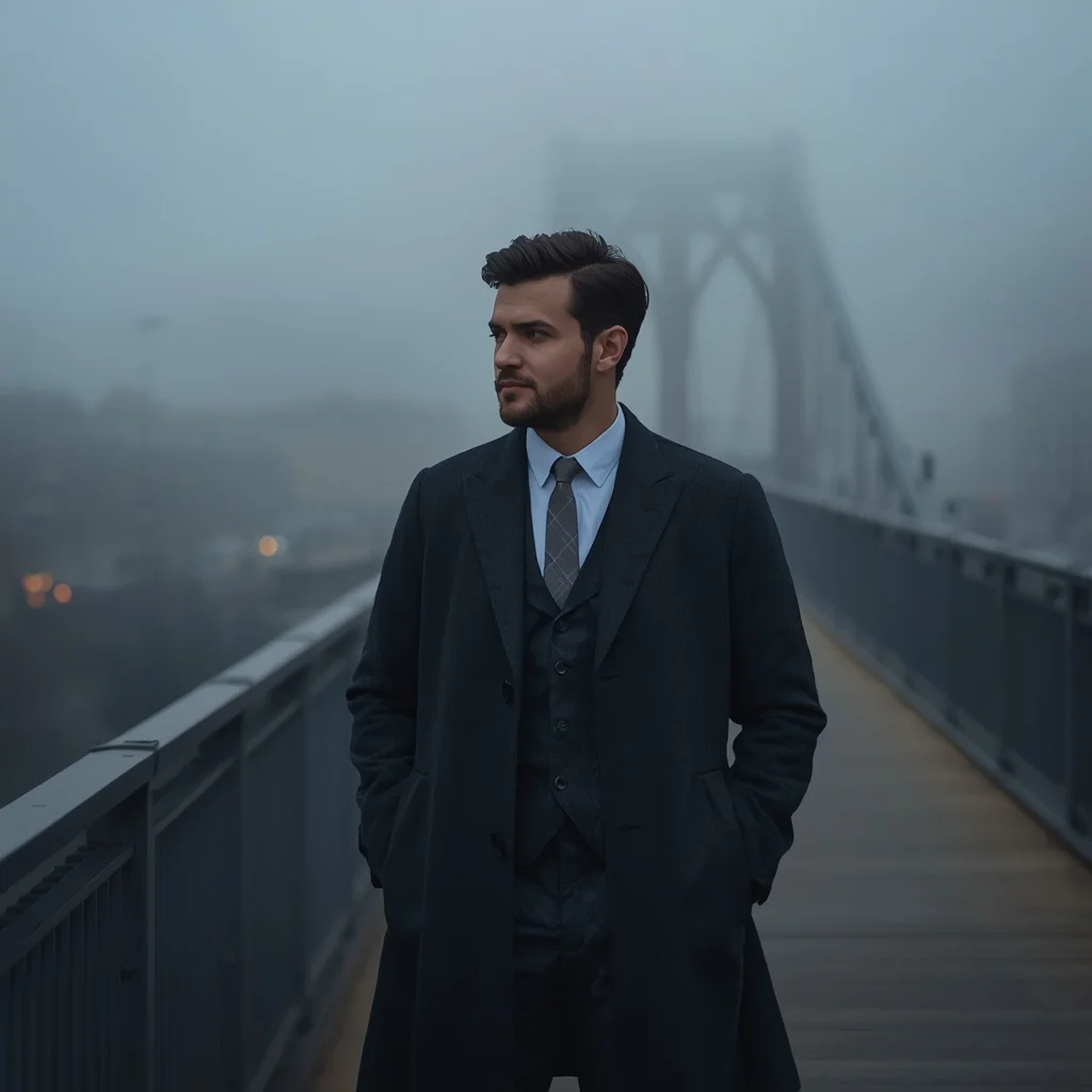 A Contemplative Man on a Foggy Urban Bridge — AI image prompt