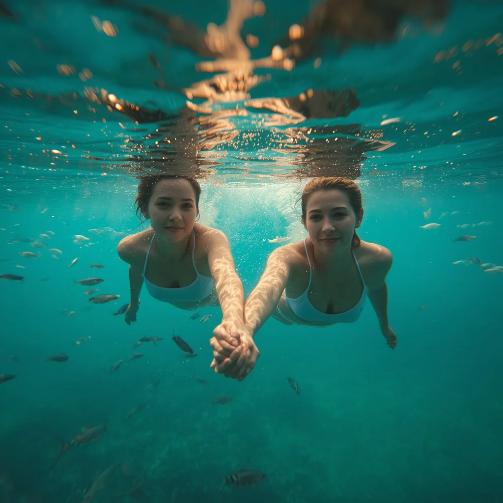 A Couple Holding Hands Underwater in a Sunlit Ocean — AI image prompt