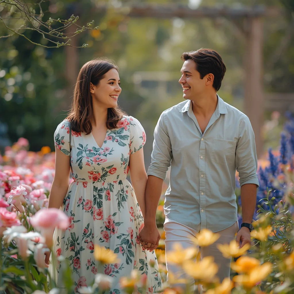 A Couple's Joyful Spring Garden Stroll — AI image prompt