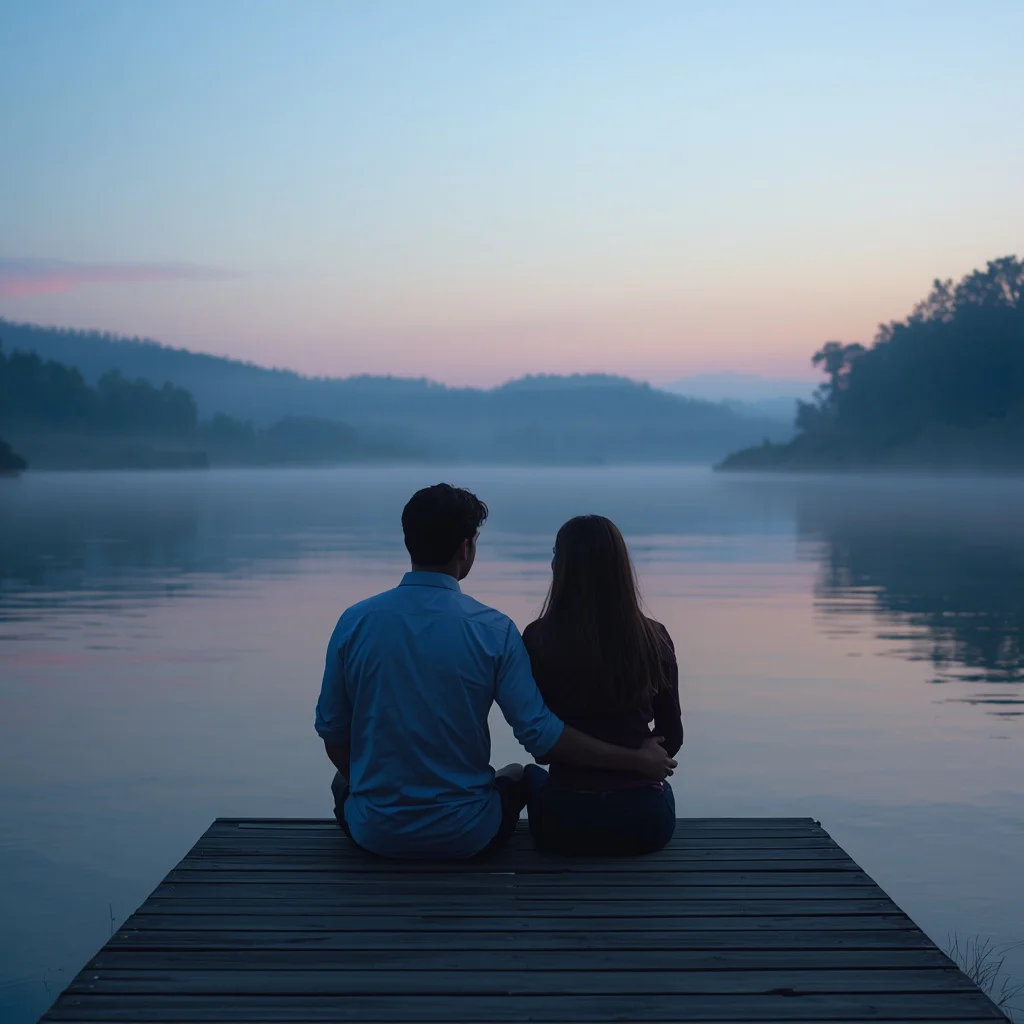 A Couple's Reflective Moment by a Lakeside Dock — AI image prompt