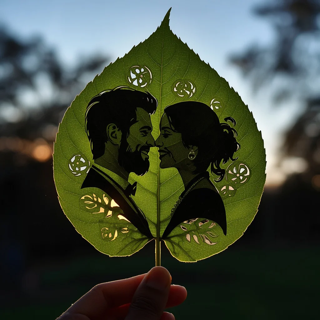 A Handcrafted Leaf-Cut Silhouette of a Romantic Couple — AI image prompt