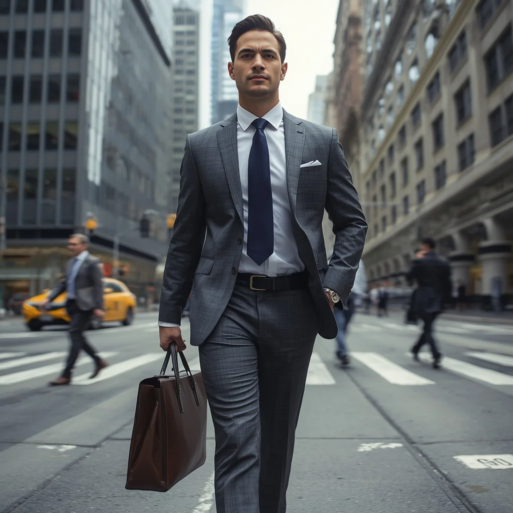 A Man's Confident Stride Through a Bustling Financial District — AI image prompt