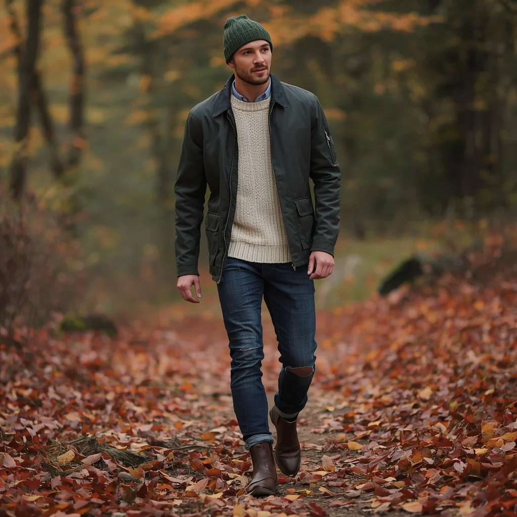 A Man's Rugged Charm in an Autumn Forest Setting — AI image prompt