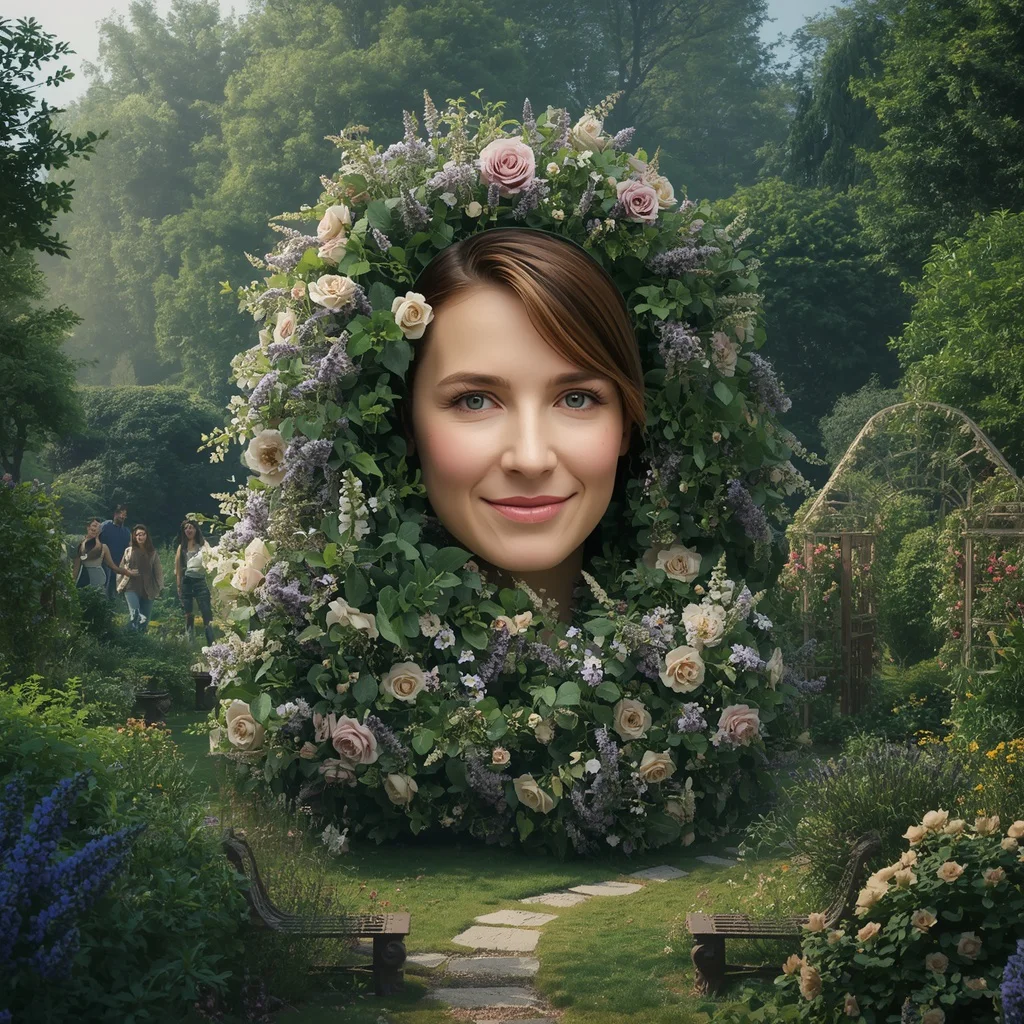A Person's Face in a Floral Topiary in an English Cottage Garden — AI image prompt