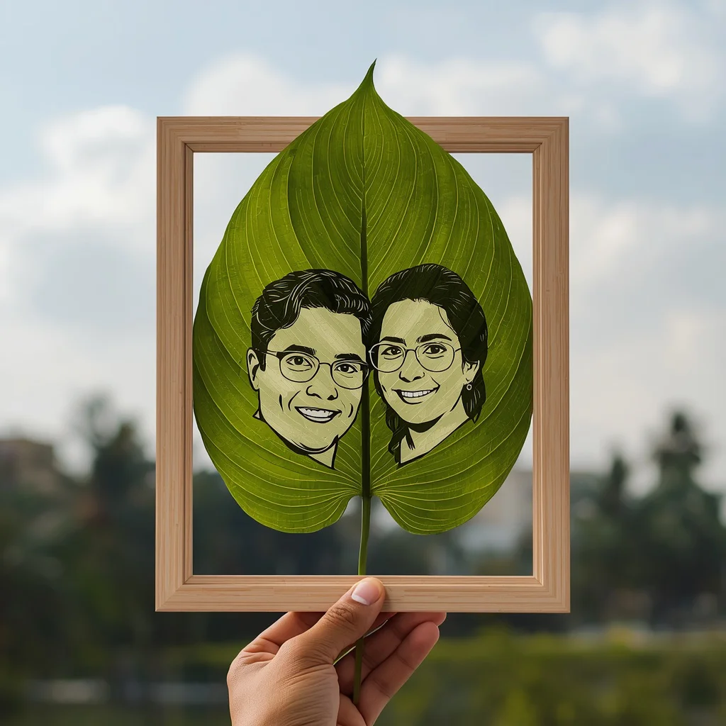 A Printed Couple's Black and White Portrait on a Peepal Leaf — AI image prompt