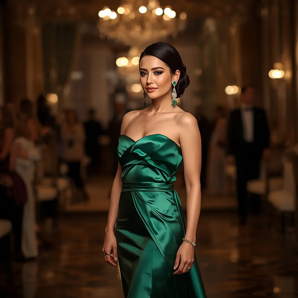 A Starlet's Elegant Presence in a Green Gown — AI image prompt