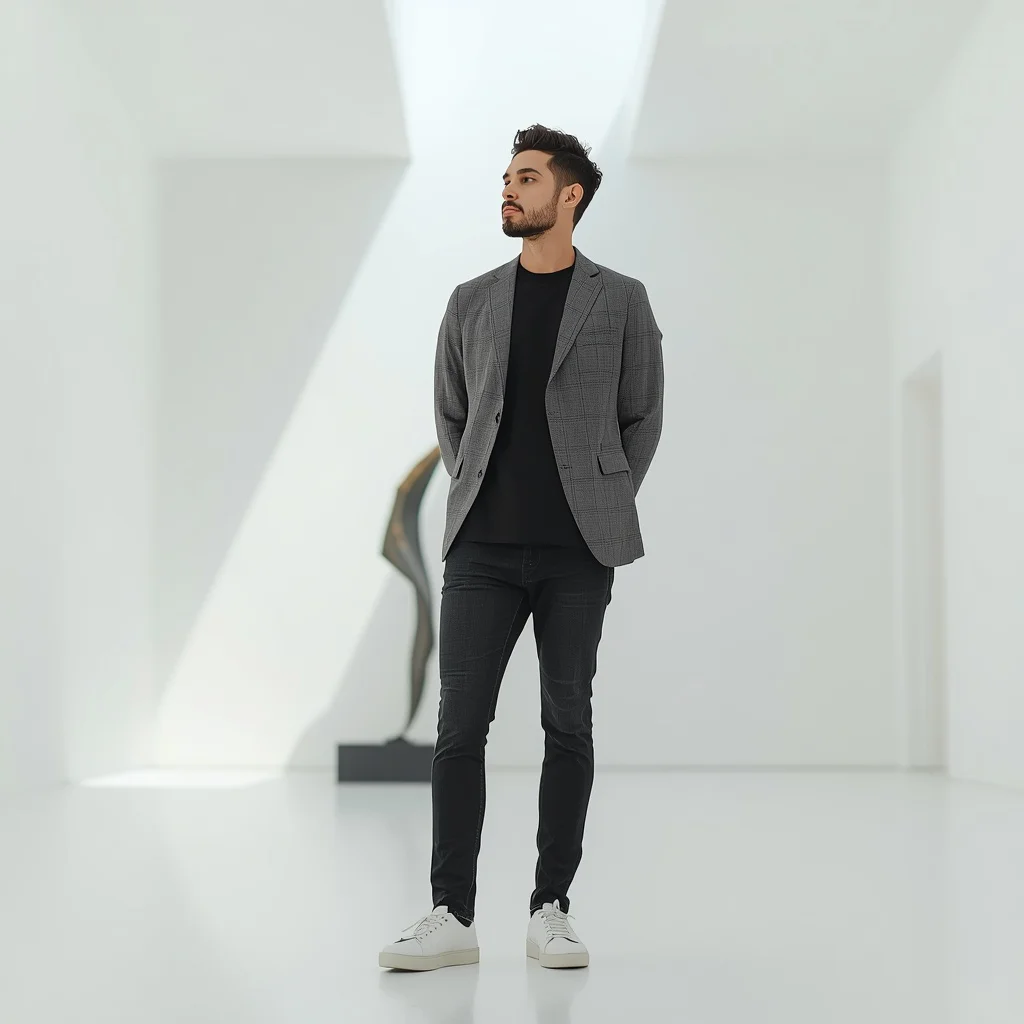 A Thoughtful Man's Solitude in a Modern Art Gallery — AI image prompt