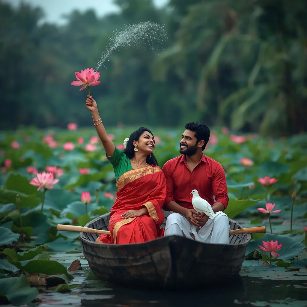 A Vibrant Romantic Couple's Boat Ride on a Lotus Pond — AI image prompt