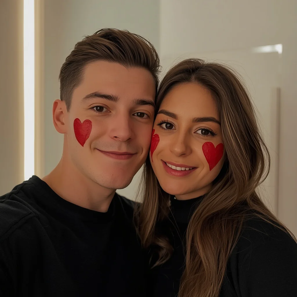 An Intimate Couple's Selfie with a Split Heart on Cheeks — AI image prompt