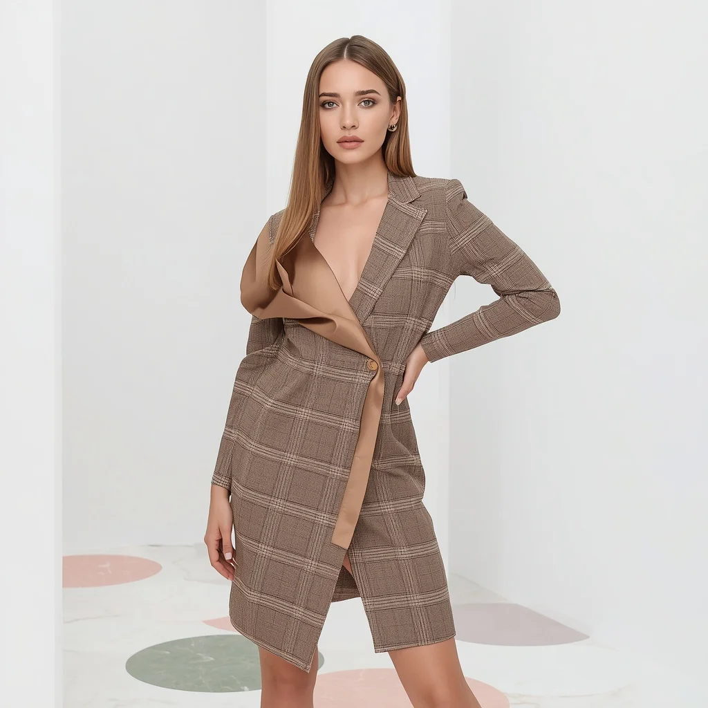 Beautiful Girl In Asymmetric Checked Blazer Dress — AI image prompt