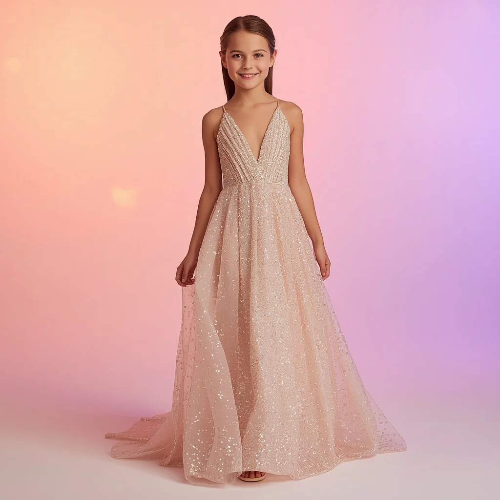 Beautiful Girl in Shimmering Pearl Sequin Gown — AI image prompt