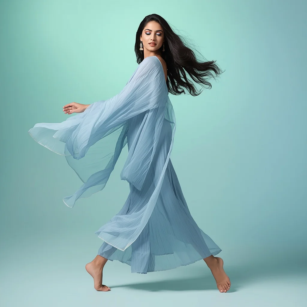 Beautiful Indian Woman in a Pastel Blue Saree, Graceful and Dynamic Flow — AI image prompt