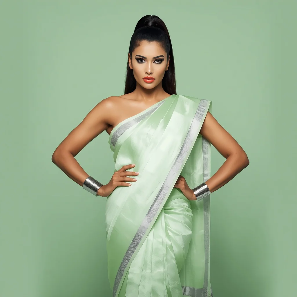 Bold Indian Woman in a Pastel Green Saree, Confident and Powerful — AI image prompt
