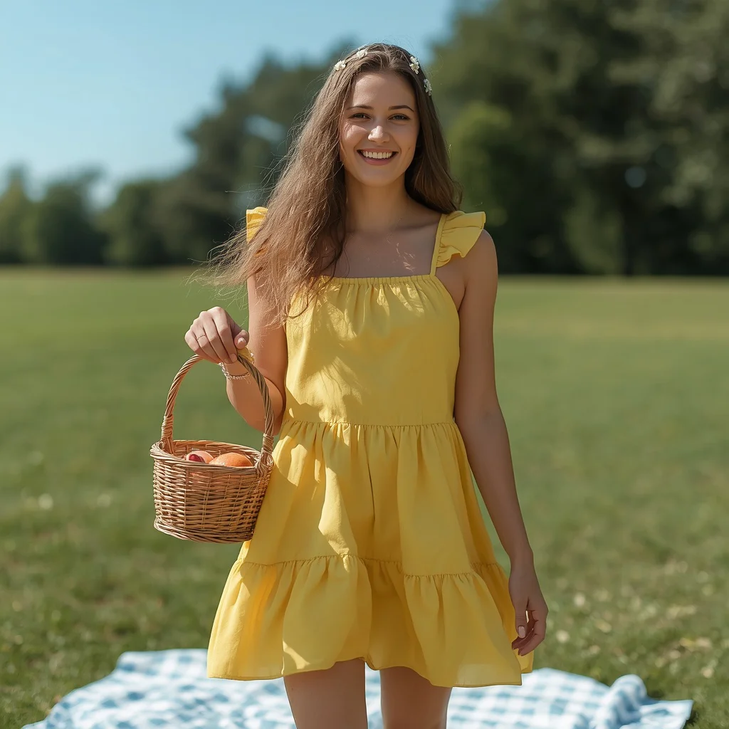 Bright Yellow Sundress with Ruffles for a Sunny Picnic — AI image prompt