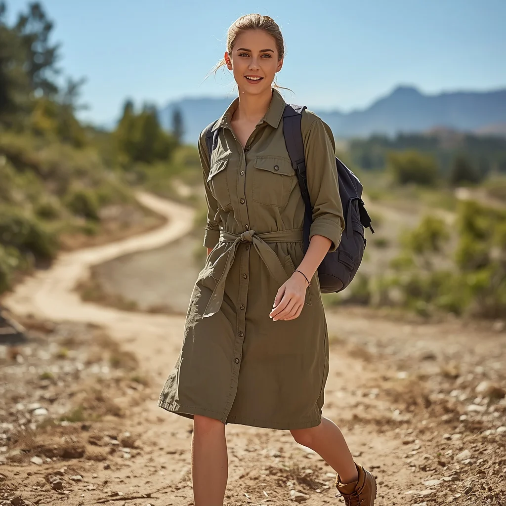 Casual Khaki Shirt Dress for an Outdoor Adventure — AI image prompt