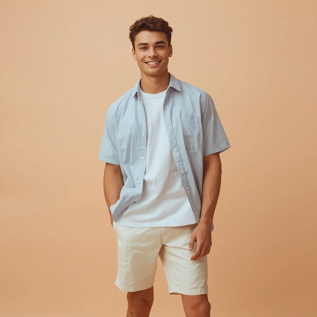 Charming Casual: Youthful Man Against a Pastel Peach — AI image prompt
