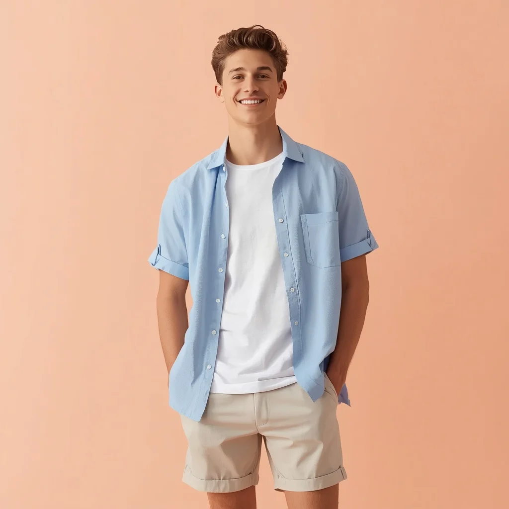 Charming Casual: Youthful Man Against a Pastel Peach — AI image prompt