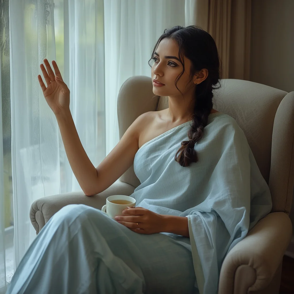 Contemplative Indian Woman in a Pastel Blue Saree by a Cozy Window — AI image prompt