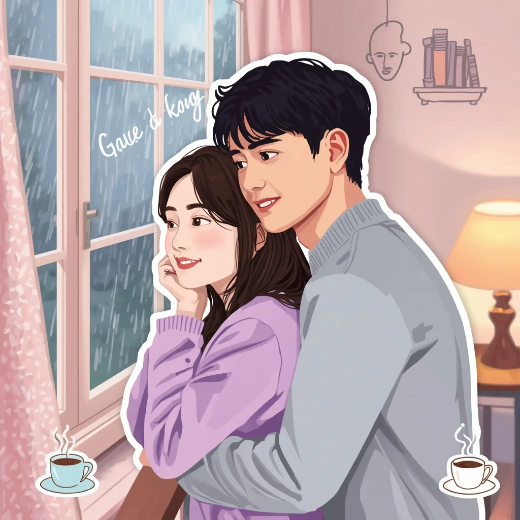 Couple's Rainy Day Indoors in Pastel Sticker — AI image prompt