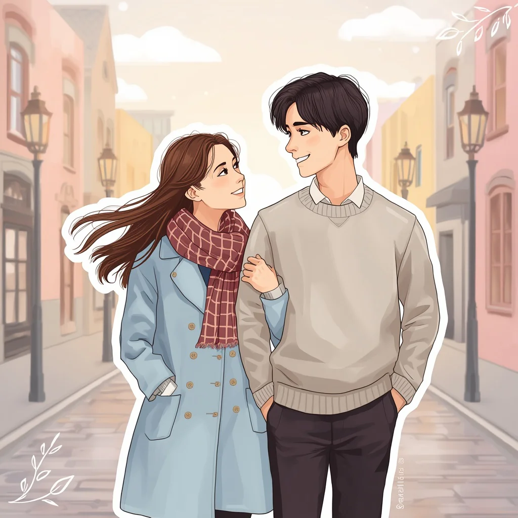 Couple's Romantic Stroll in Pastel Cityscape — AI image prompt