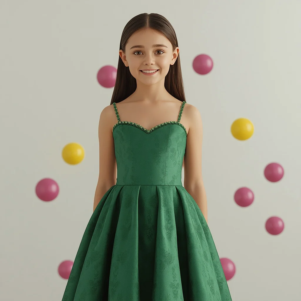 Cute Girl In Chic Emerald Green Jacquard Dress — AI image prompt