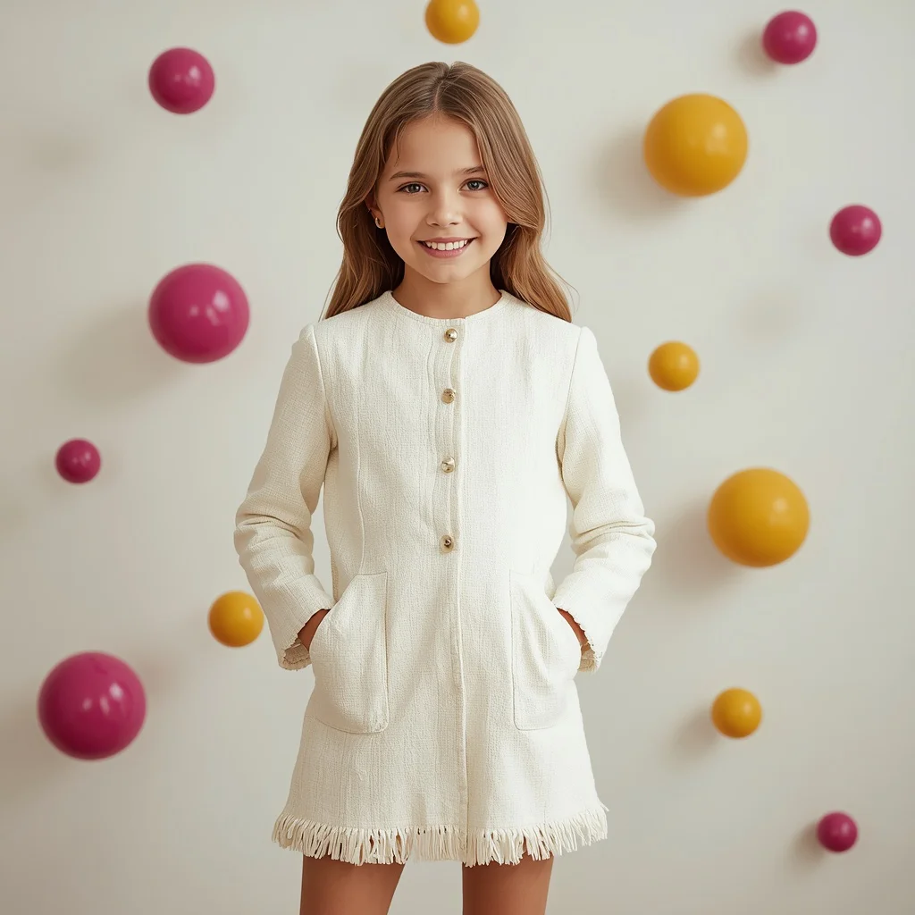 Cute Girl In Chic White Tweed Party Wear — AI image prompt