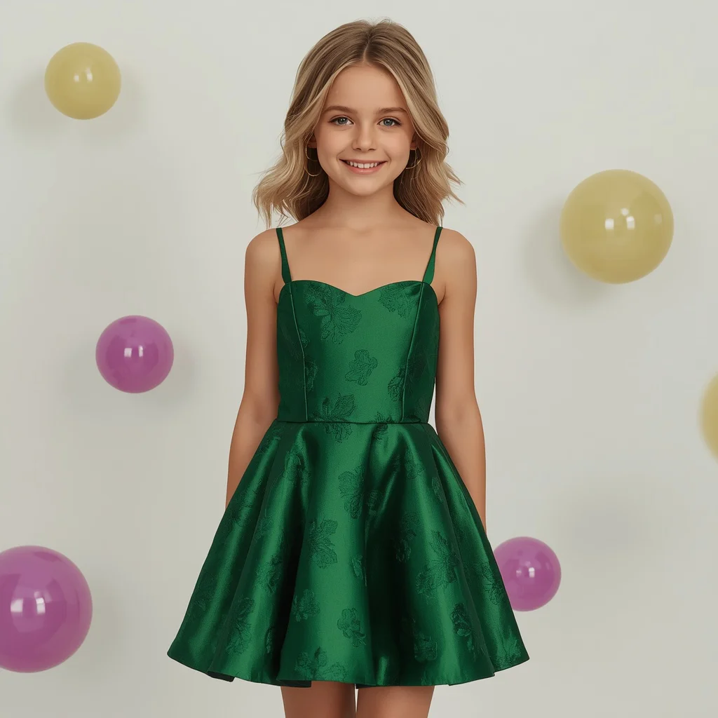 Cute Girl In Elegant Emerald Green Mini Dress — AI image prompt