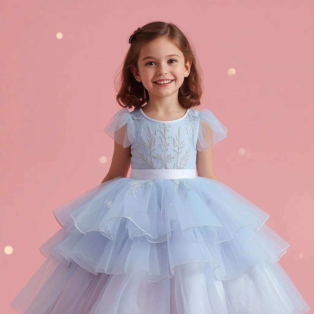 Cute Girl in Elegant Soft Blue Tulle Dress — AI image prompt