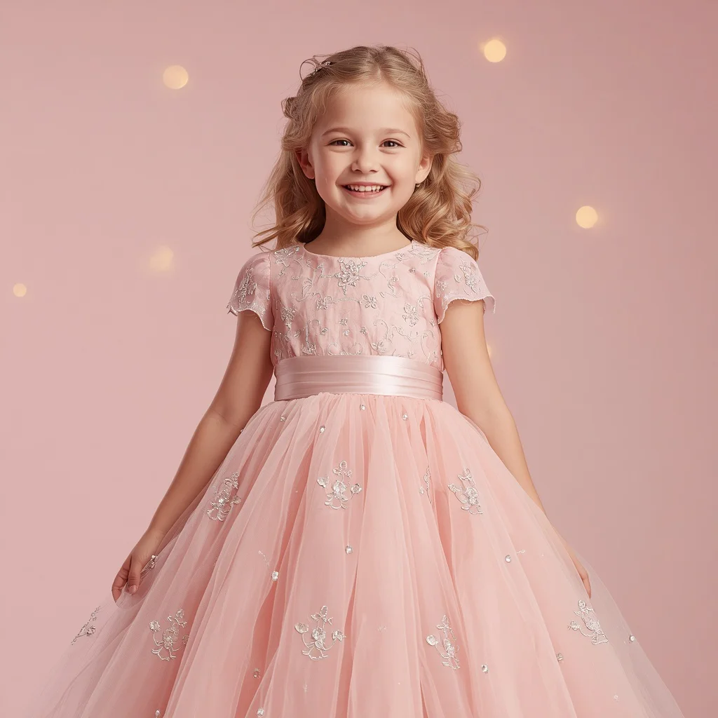 Cute Girl in Elegant Soft Pink Tulle Dress — AI image prompt
