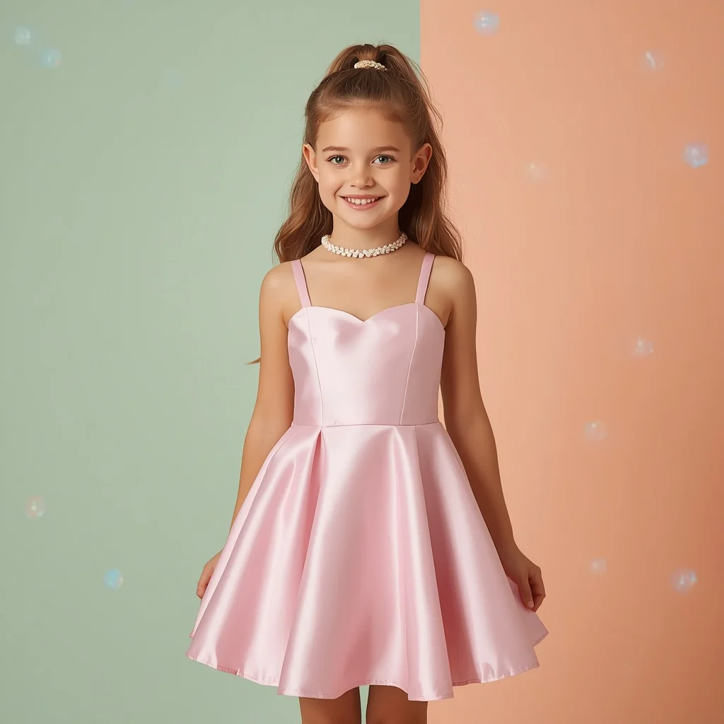 Cute Girl In Sweetehart Neckline Pink Satin Mini — AI image prompt
