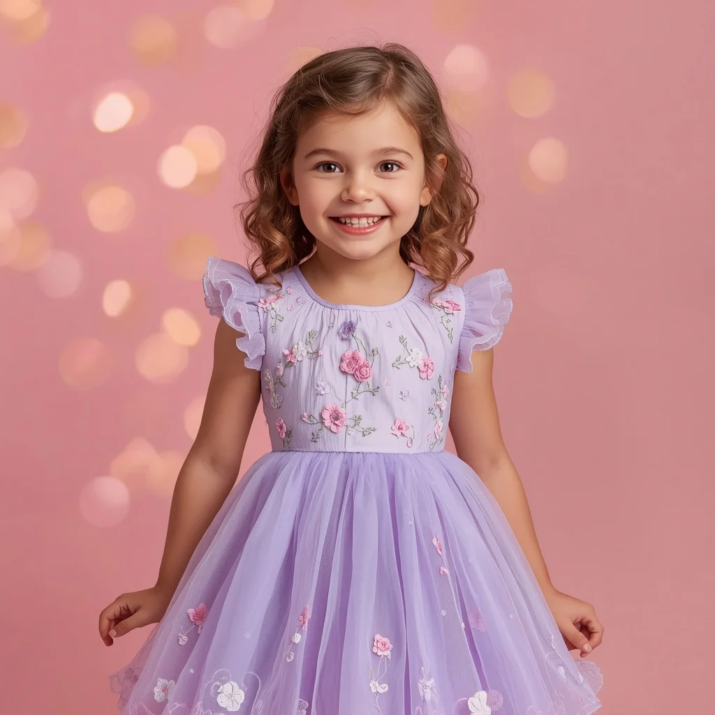 Cute Girl in Whimsical Lavender Floral Dress — AI image prompt