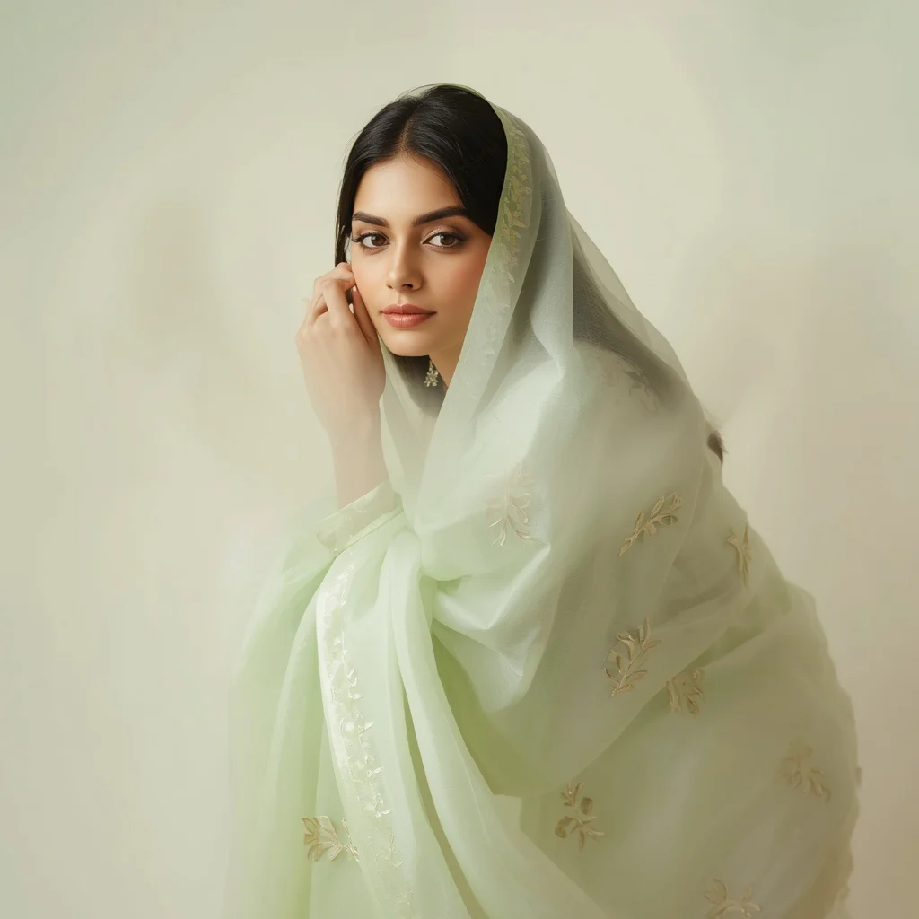 Dreamy Indian Woman in a Pastel Green Saree, Enveloped in a Serene Aura — AI image prompt