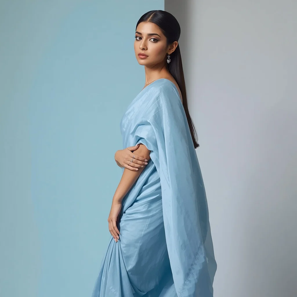Elegant Indian Woman in a Pastel Blue Saree, Sculpted and Sophisticated Charm — AI image prompt