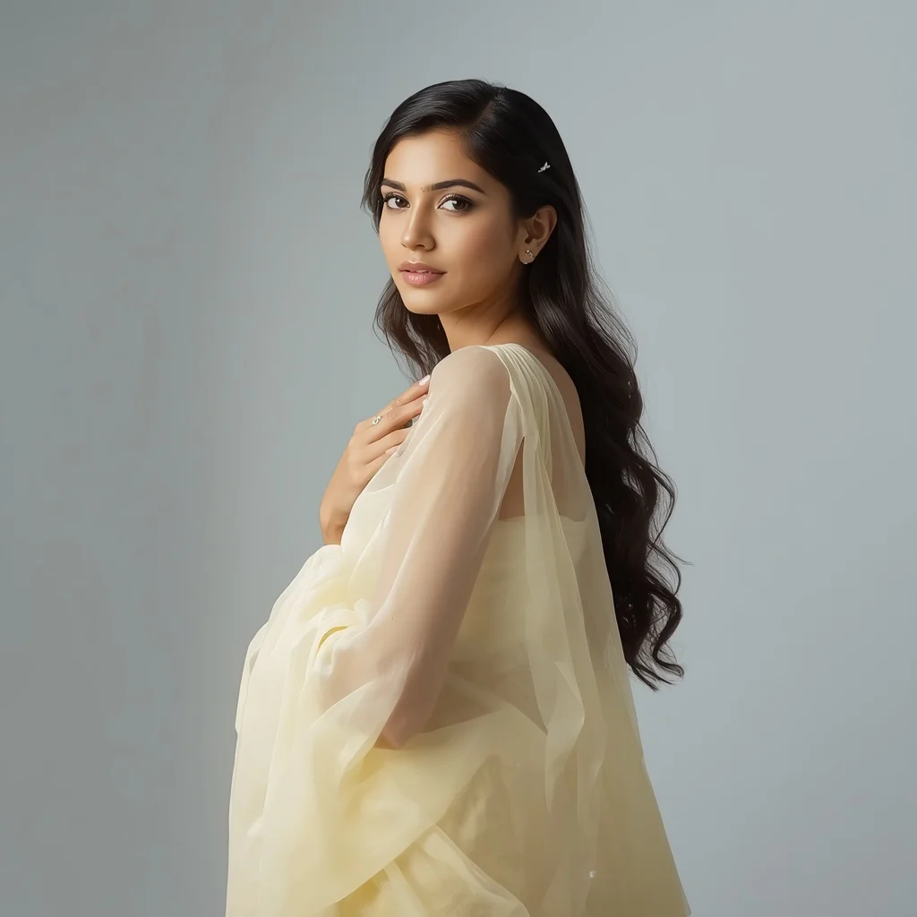 Ethereal Indian Woman in a Pastel Yellow Saree, Pure and Angelic — AI image prompt