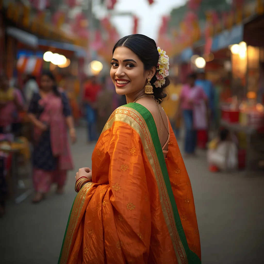 Festive Bloom: A Saree's Radiance in a Street Fair — AI image prompt