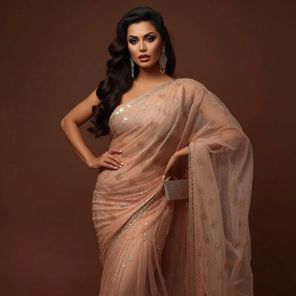 Glamorous Indian Woman in a Sparkling Pastel Peach Saree, High Fashion Luxury — AI image prompt